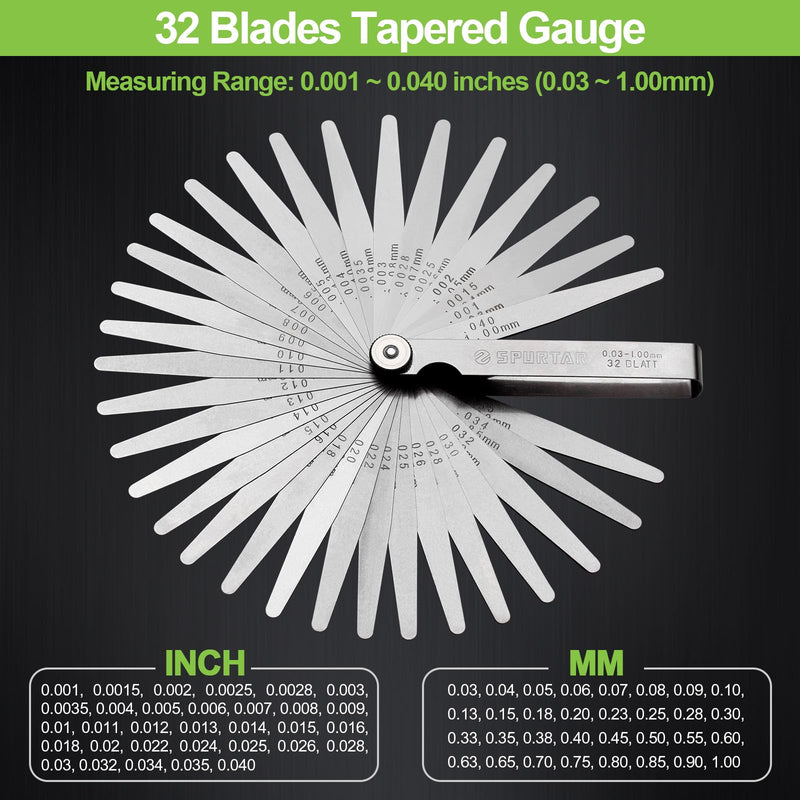 Spurtar Feeler Gauge 0.03-1.00 mm/0.001-0.04 Inches 32 Blades Conical | Metric and Imperial Double Marked For Spark Plugs, Valves, Pistons, Guitars, For Measuring Electrode Distance Width