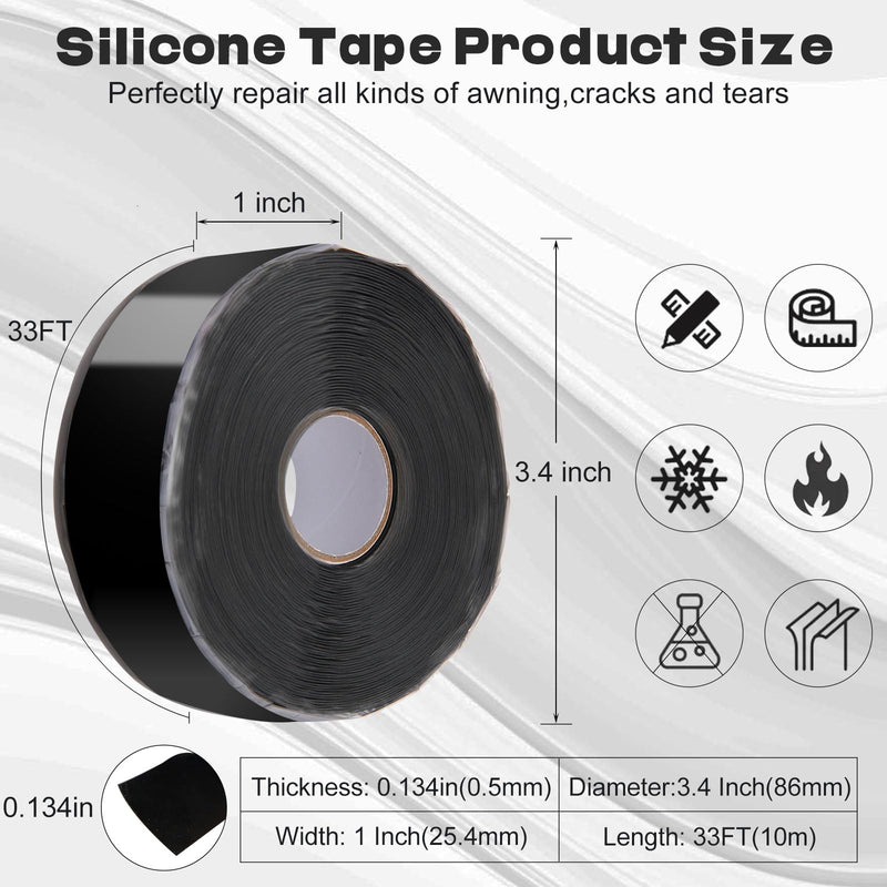 Self Fusing Silicone Tape,Rescue Tape,Self Amalgamating Tape,for Plumbing,Sealing Pipes,Wire Harness Wrapping,Hose Repair Stop Water Leak,Automotive,ElectricalCables,1" x 33',Black Black