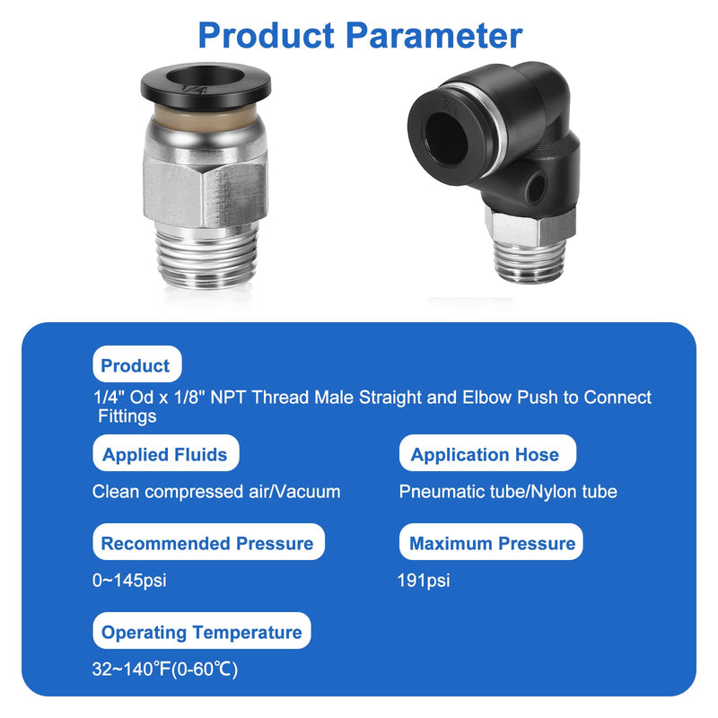 [Australia - AusPower] - 12 Pcs Push to Connect Fittings 1/4 Inch Tube OD x 1/8 Inch NPT Thread Pneumatic Male Straight and Elbow Quick Connect Air line fittings 1/4"OD x 1/8"NPT 