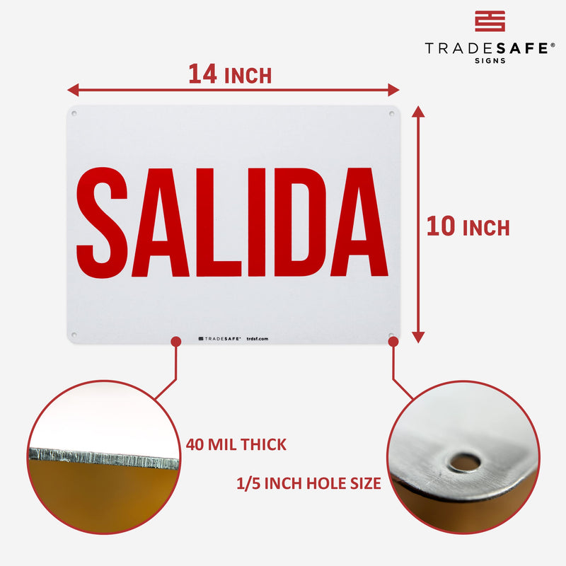 TRADESAFE Exit Sign - Salida Spanish Signs for Business, Quick Install Aluminum Safety Sign, Light Reflective, UV-Resistant, Waterproof, 14” X 10”, Indoor and Outdoor Signs