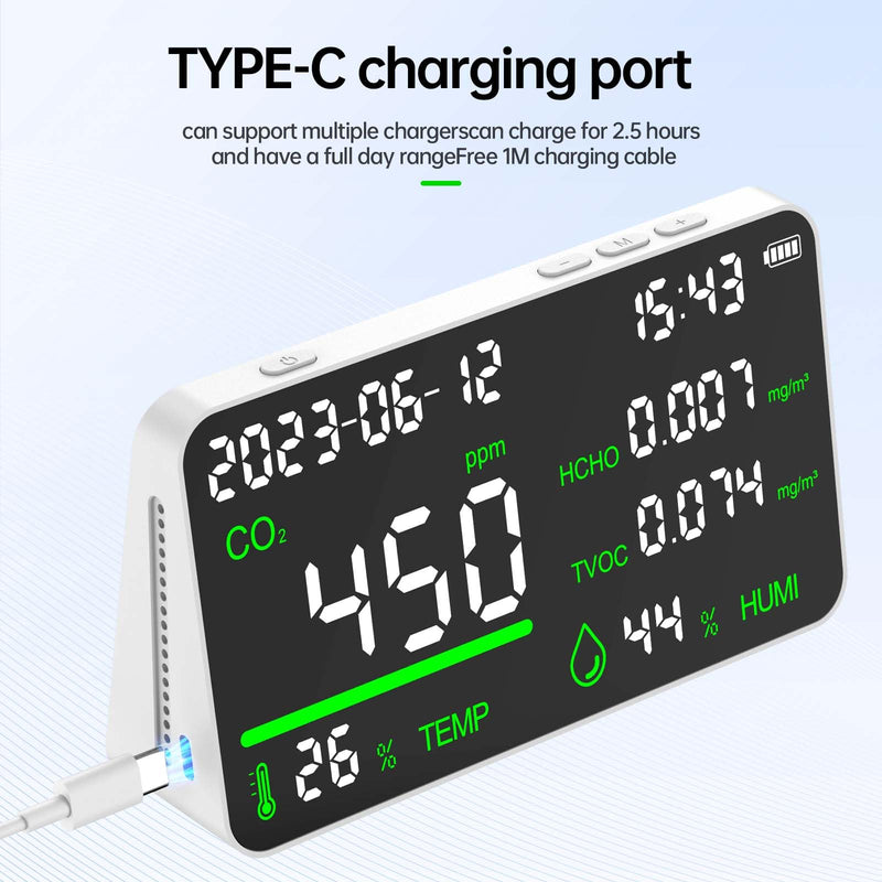 [Australia - AusPower] - 7-in-1 Air Quality Monitor, Indoor Humidity Monitor, Temperature, CO2, TVOC, HCHO, Time, Date Display Desktop Air Quality Tester, Air Quality Meters for Home Office Hotel Restaurant School 