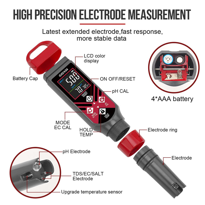 [Australia - AusPower] - Floating Digital Salinity Tester with ATC,Solar Powered Salt&Temp Level Monitor with pH Strips,Pool Salt Meter Solar Powered Temperature & Salinity Tester for Saltwater Aquarium Pool Spa Hot Tub Pond 