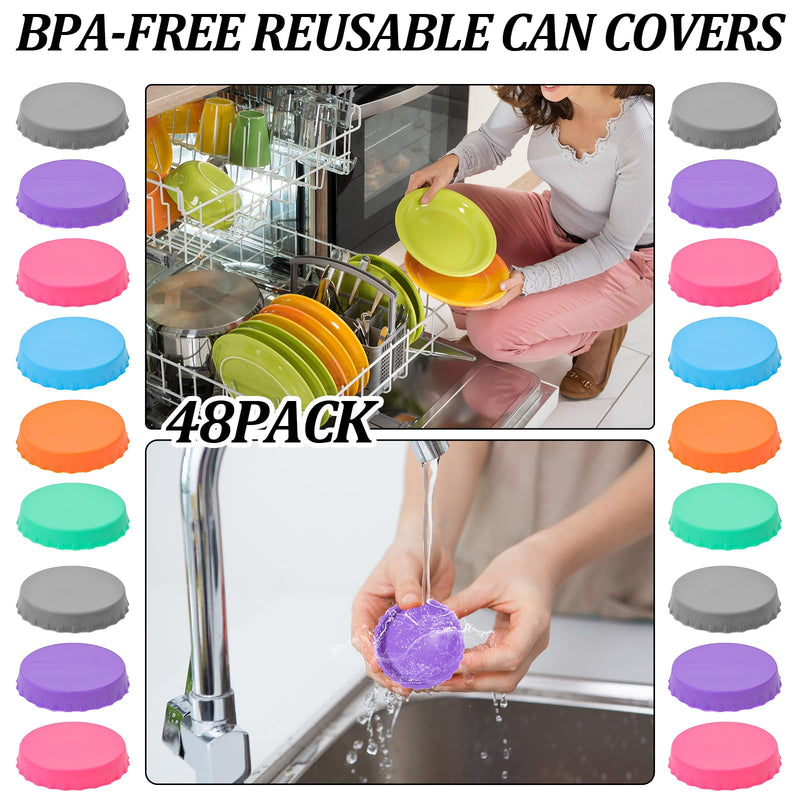 48pcs Silicone Soda Lid Set, 6 Colors Reusable Spill-Proof Drink Can Covers, Food Grade Flexible Protector for Cola Beer Juice Energy Beverages 48