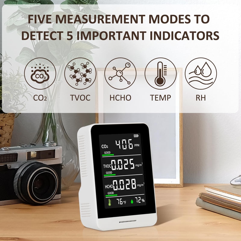 5-in-1 Air Quality Monitor Indoor for CO2/HCHO/TVOC/Temp/Hum, Portable Real-time Detector, LCD Display, Suitable for Baby Room, Living Room, Office, Kitchen, Warehouse