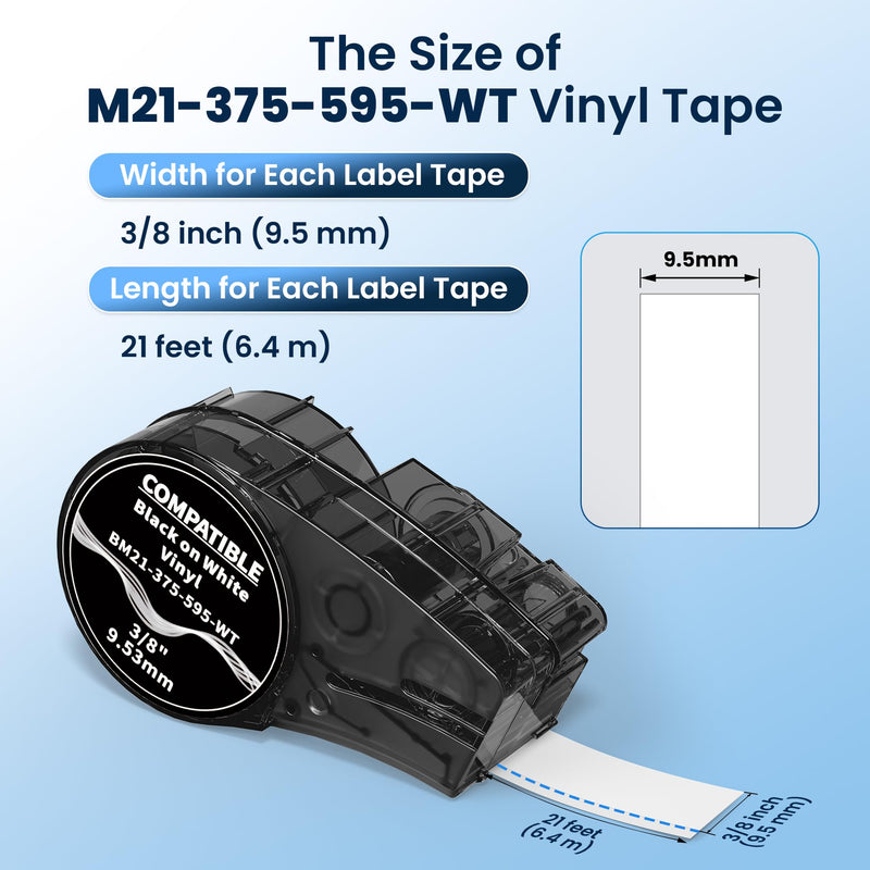 Compatible Label Tape Replacement for M21-375-595-WT All-Weather Vinyl Labels Tape for Indoor/Outdoor ID, Lab and Equipment Labeling, Black on White, .375" 21' L, 4 Pack 0.375 inch