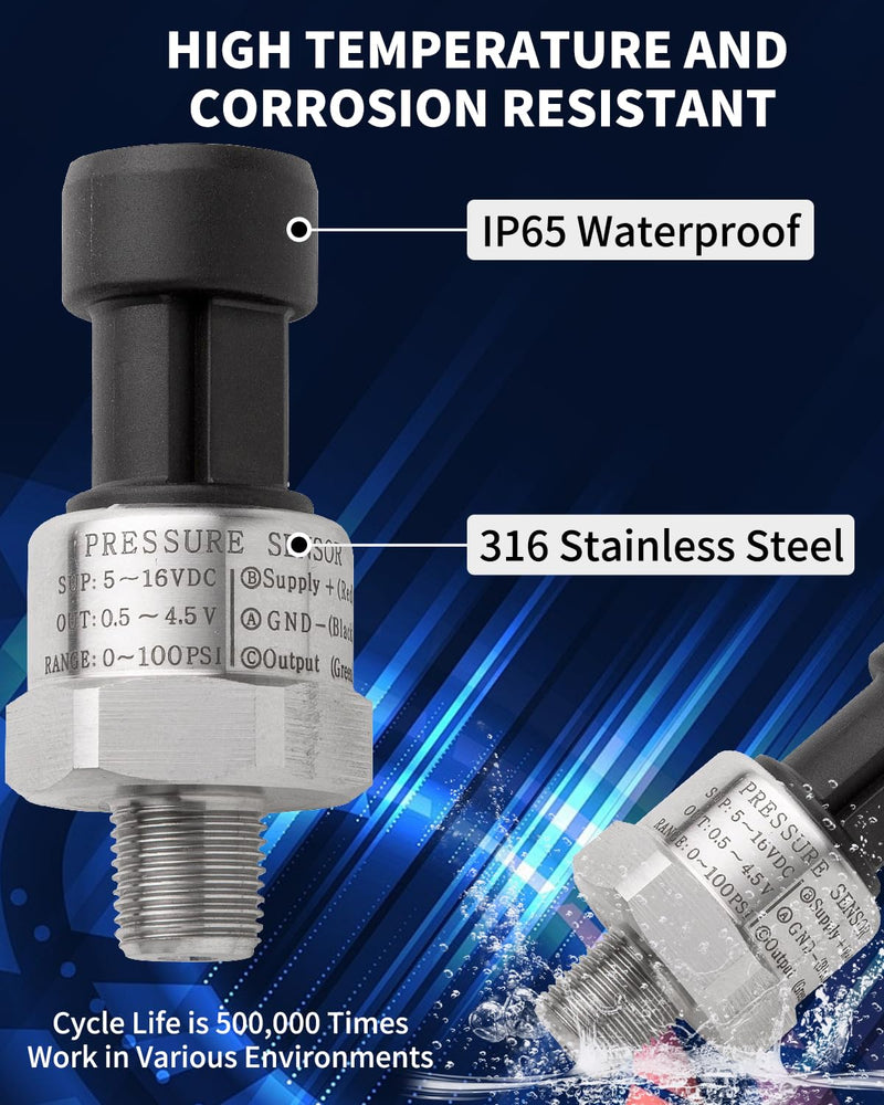 100 Psi Oil Fuel Pressure Sensor Transducer Sender 1/8" -27 NPT Thread with Harness Kit for Fuel Oil Air Water, 316 Stainless Steel Pressure Regulator 0-100 Psi Switch Sensor Transmitter