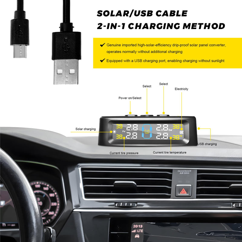 Sun Walker Tire Pressure Monitoring System, Wireless Tire Pressure Monitor with 4 Sensors & 6 Alarm Modes, Real-Time LCD Display TPMS with Solar & USB Charger for RV Truck Trailer