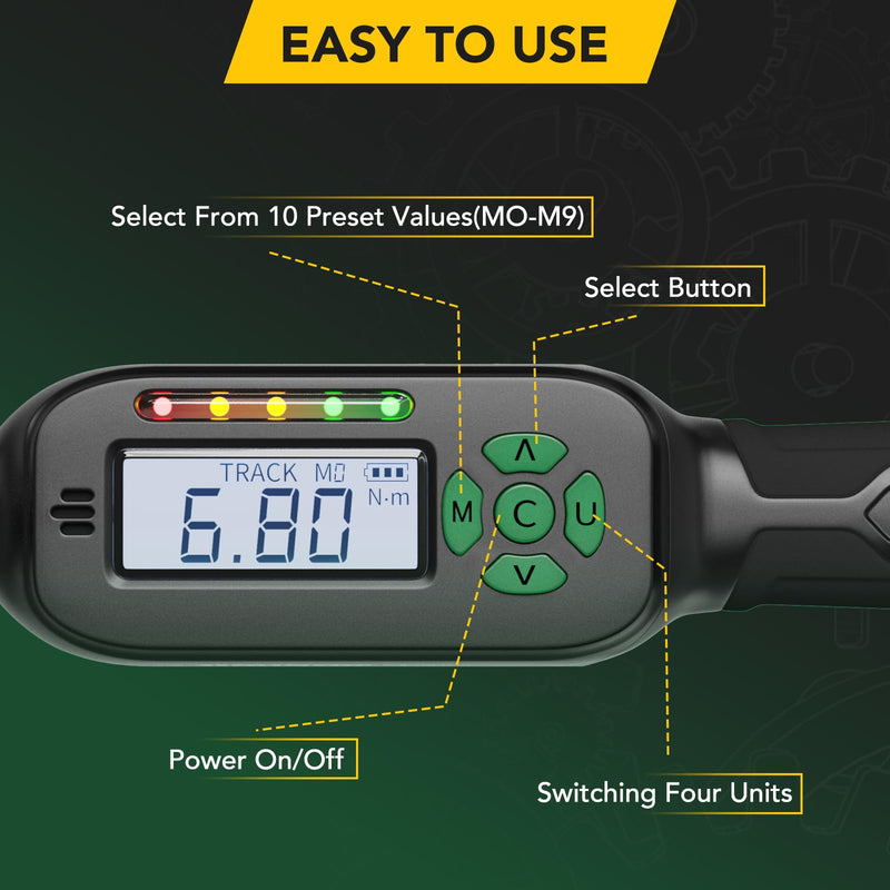 Digital Torque Wrench 5-99.5 ft-lbs./6.8-135Nm, 3/8 Inch Mini Electronic Wrench With Preset Value, 2% Accuracy, Buzzer and LED Notification 5-99.5 ft-lb/6.8-135 Nm