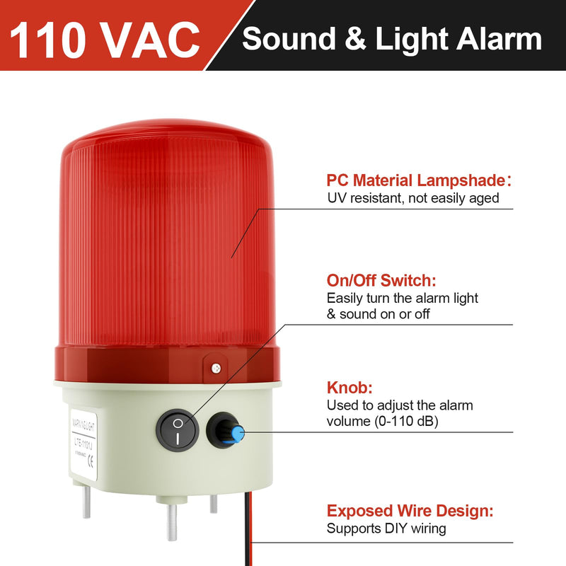 [Australia - AusPower] - Industrial LED Rotating Strobe Warning Light, 110 VAC Sound & Light Alarm with Knob and Switch, 105-110 dB Volume Adjustable, Red Emergency Alarm Light for Indoor/Outdoor Use 