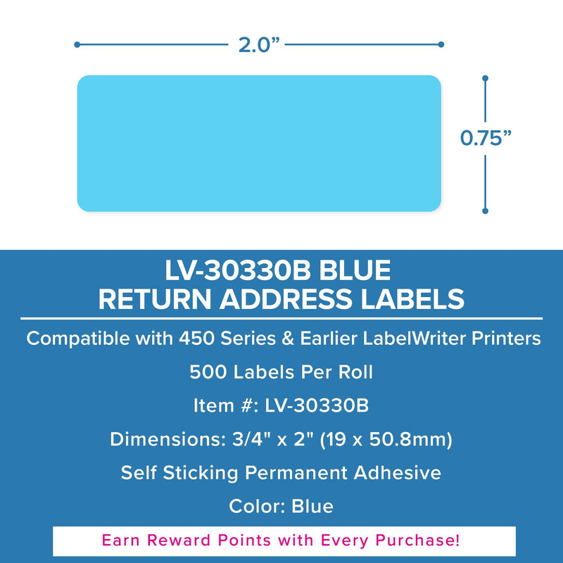 LabelValue LV-30330B 3/4" x 2" Blue Return Address Direct Thermal Labels Compatible with Dymo 450 Series and Earlier LabelWriter Printers - 750 Labels Per Roll