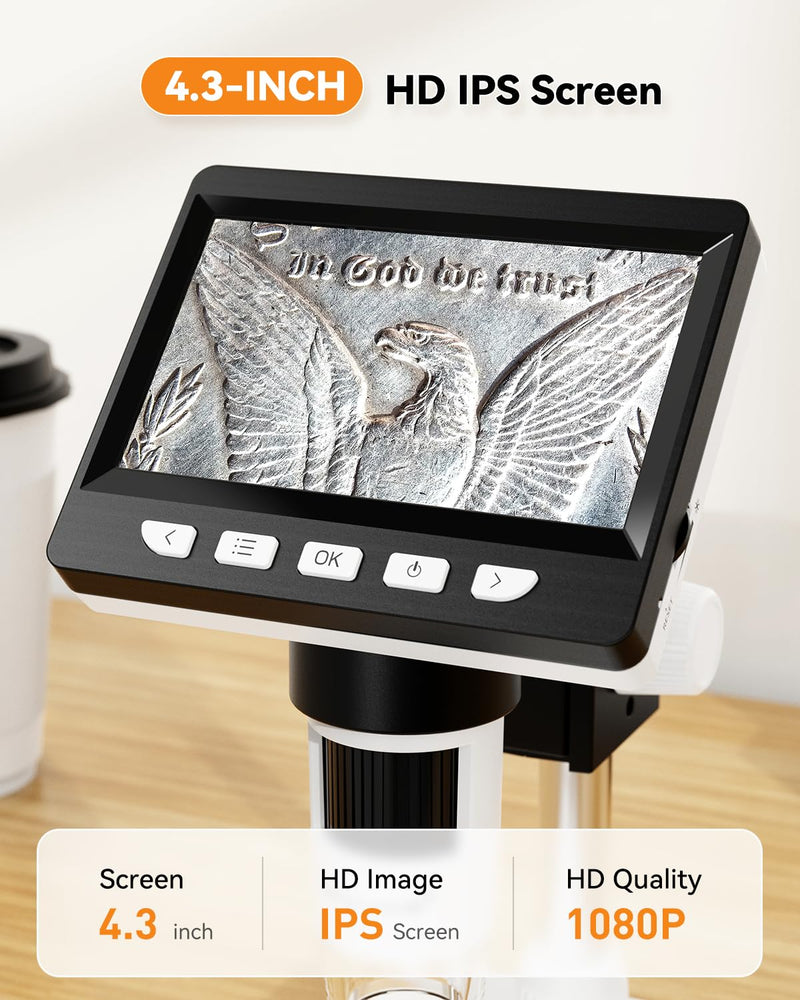[Australia - AusPower] - 4.3" Digital Microscope for Adults, SKYEAR Coin Microscope1000X Magnification with 8 Ajustable LED Fill Lights, USB Microscope for Windows/MacOS, Coin Collection Supplies 