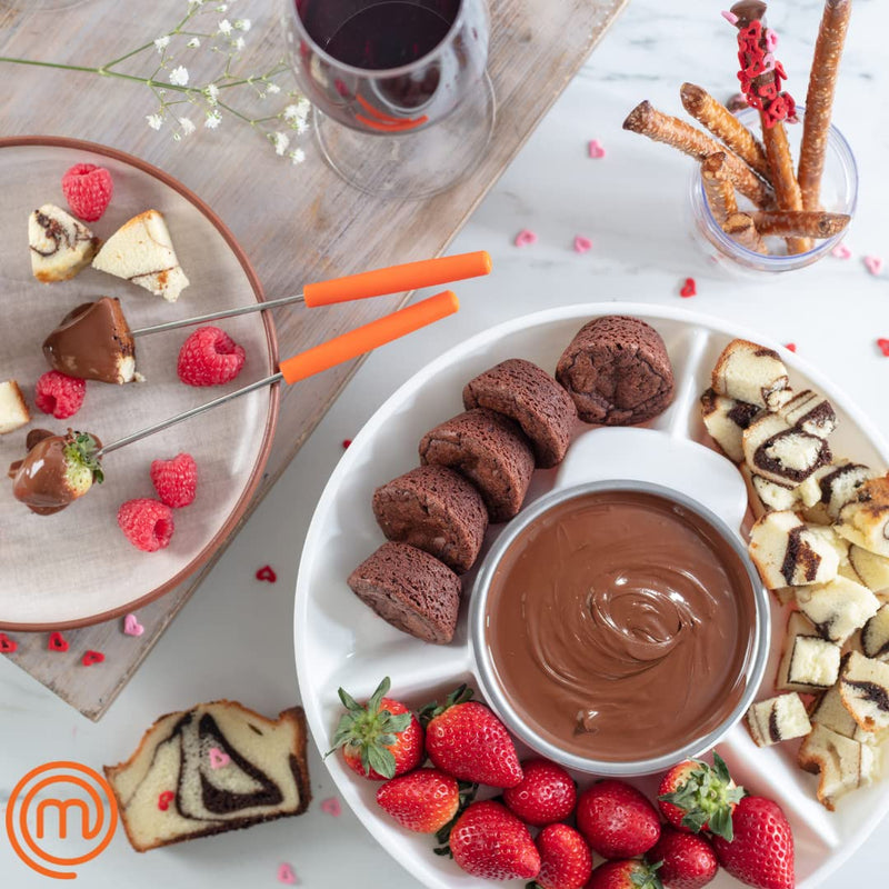 MasterChef Chocolate Fondue Maker- Electric Dessert Pot Set with 4 Forks & Removable Party Serving Tray- Melt or Warm Settings for Caramel Treats, Cheese- Charcuterie Appetizers, Date Night Gift