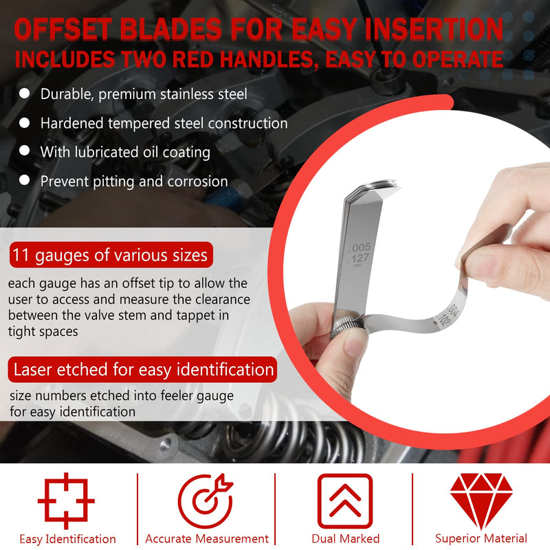 A308 Offset Valve Tappet Gauge Set Premium 11-Blade Feeler Gauge Kit Sizes from 0.004" to 0.014" Includes Two Red Handles