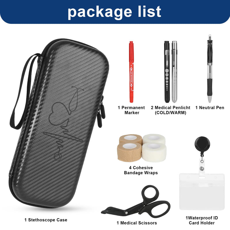 [Australia - AusPower] - 11 pcs Stethoscope Case Kits,Stethoscope Carrying Case for 3M Littmann Classic III,Stethoscope Holder with Pocket for Nurse Accessories for Work,Include Penlight, Bandage Wraps Black With Accessories-Black kit 