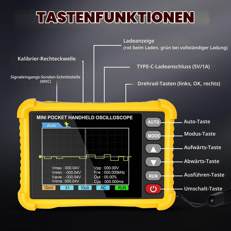 Oscilloscope AP-250K - 2.8 Inch TFT Handheld Digital Oscilloscope Portable Oscilloscope for the Automotive Industry, 2.5 MS/s High Sampling Rate, 250 kHz Bandwidth, Trigger Function Auto/Nomal/Single