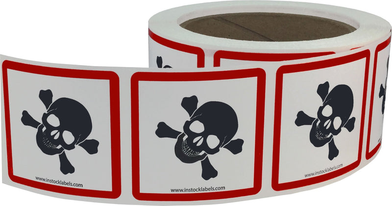 GHS Pictogram Labels Skull and Crossbones, 2 x 2 Inch Square Hazard Stickers, 500 Total Adhesive Labels on a Roll for Chemical Safety, GHS Compliance, and Workplace Labeling – Made in the USA