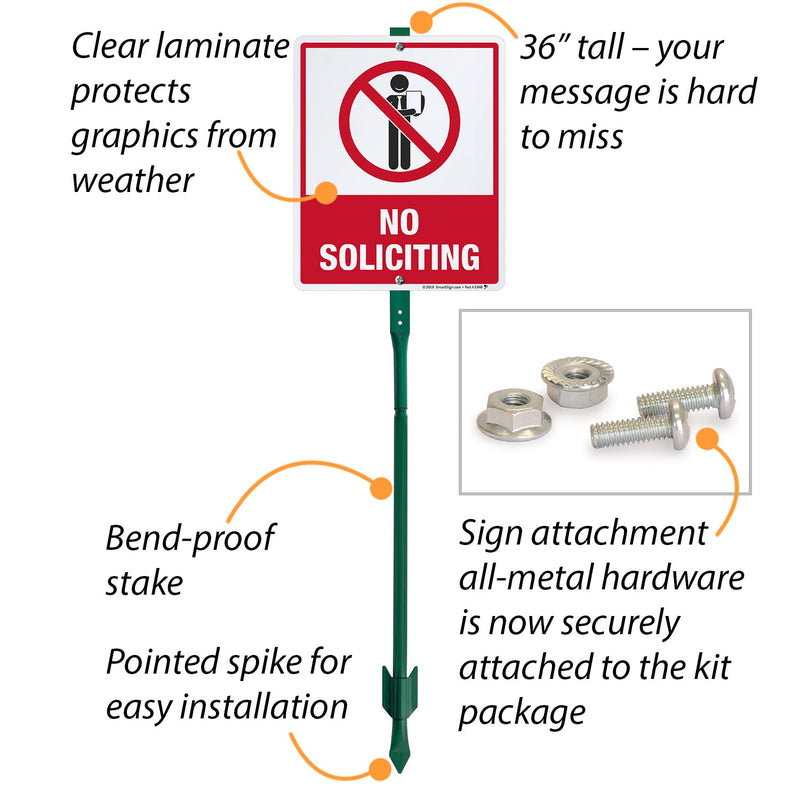 SmartSign 12 x 10 inch “No Soliciting” Yard Sign with 3 foot Stake, 40 mil Laminated Rustproof Aluminum, Red, Black and White, Set of 1