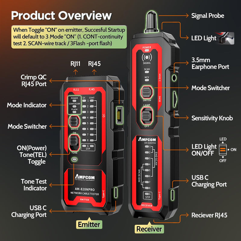[Australia - AusPower] - AMPCOM Wire Tracker & Network Cable Tester with PoE Detection, RJ45/RJ11 Line Tracer, USB-C Rechargeable, LED Light, for LAN/Ethernet/Telephone Continuity Testing 