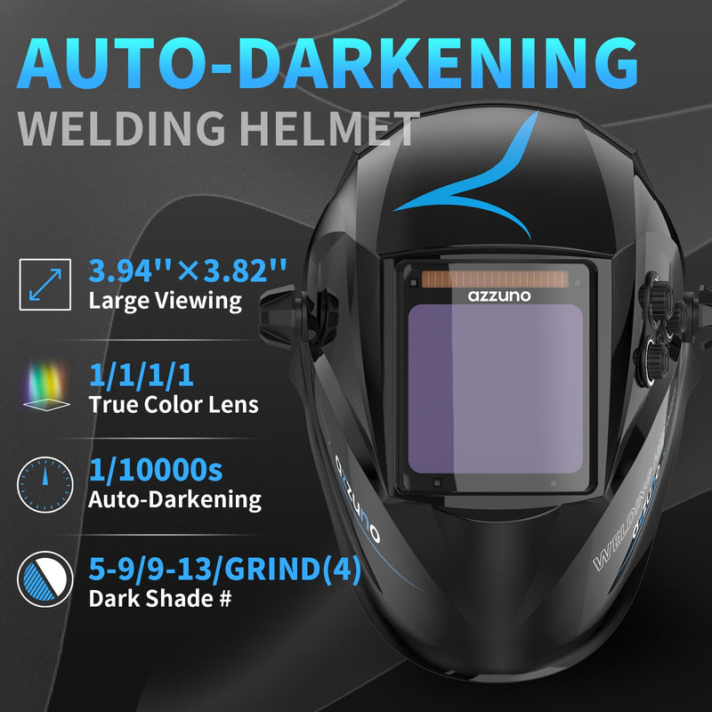 AZZUNO Welding Helmet Auto Darkening, True Color Large Viewing 3.94"×3.82", Solar Powered Welding Hood Mask with Wide Shade 4/5-9/9-13 for TIG/MIG/Stick Weld/Cut/Grind AZNH-1097 3.94"×3.82"