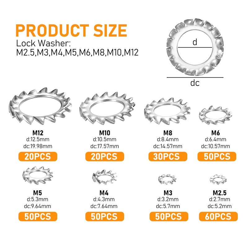 [Australia - AusPower] - 330 Pcs External Tooth Star Lock Washers, Stainless Steel External Starlock Washers Assortment Set, Tooth Locking Ring Washers Kit - M2.5 M3 M4 M5 M6 M8 M10 M12 