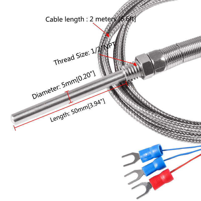 [Australia - AusPower] - Alinan 2pcs 2M/Approx 6.6Ft 50MM Probe M8 Pipe Thread Temperature Sensor Probe Three Wire Temperature Controller(0~400℃) PT100 RTD Stainless Steel Thermocouple 2M 50MM 