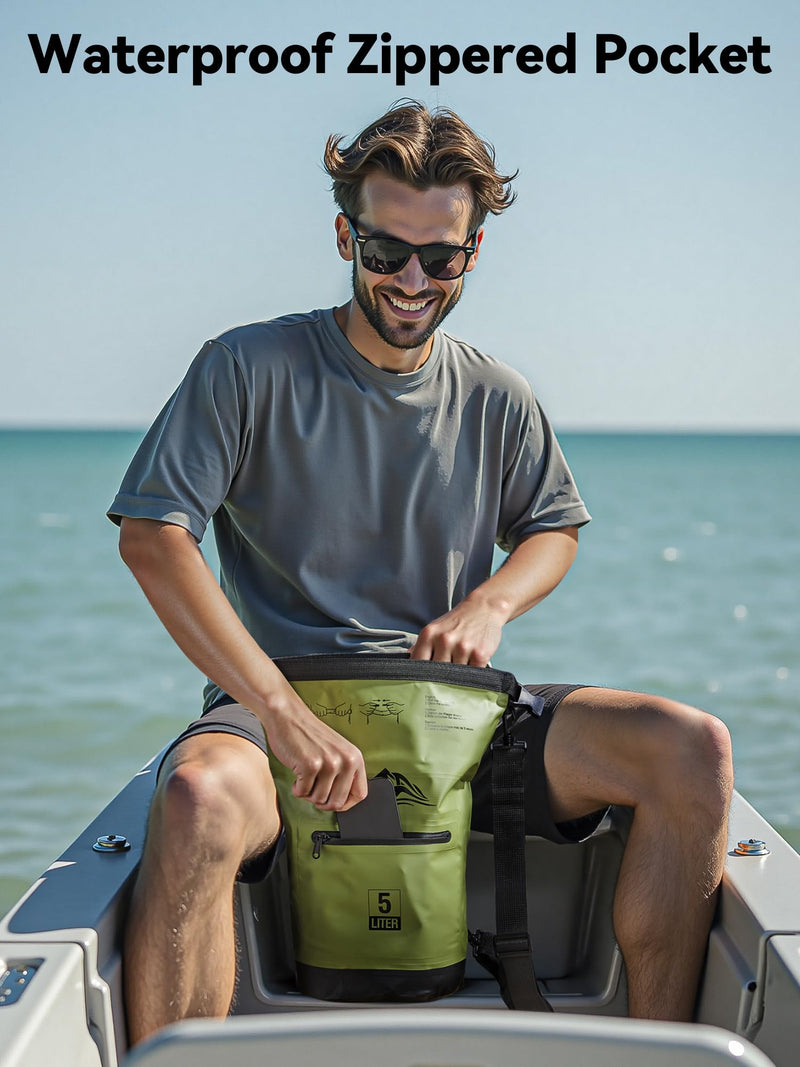 HEETA Waterproof Dry Bag with Front Zippered Pocket for Women Men, 5L/10L/20L/30L/40L Roll Top Lightweight Dry Storage Bag Backpack for Travel, Kayaking, Boating, Rafting, Camping, Hiking & Beach Green 10L