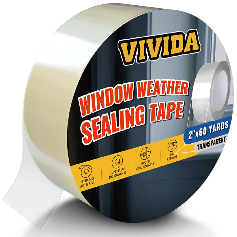 VIVIDA Transparent Window Weather Sealing Tape for Winter, 2 Inch x 180 FT (60 Yards) Window Insulation for Winter, Clear Weather Sealing Tape for Doors & AC Units, 1 Pack 2"×60 Yds (1 Roll)