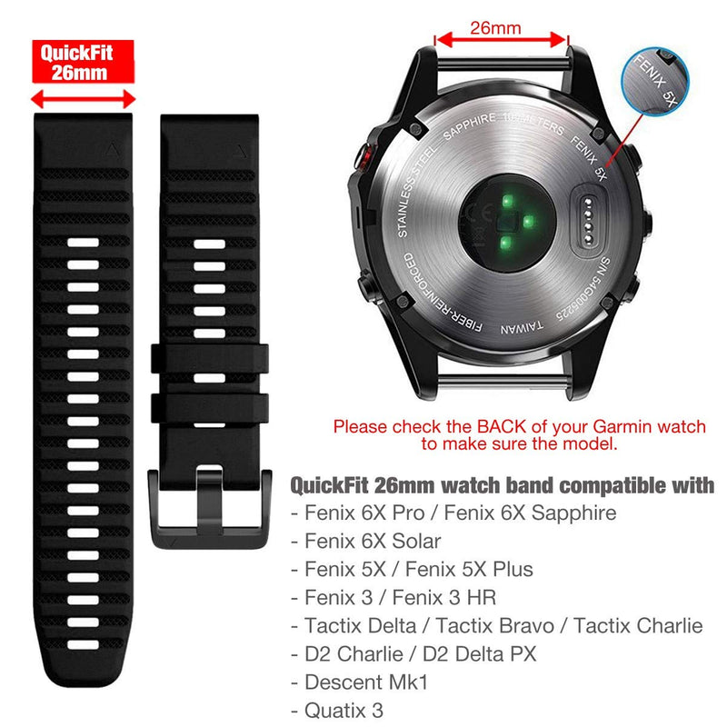 [Australia - AusPower] - Quick Easy Fit Watch Band for Garmin Fenix 6X Pro/Sapphire,26mm Soft Non-allergenic Silicone Sport Waterproof Wristband Strap for Garmin Fenix 5X/5X Plus,Fenix 3,Quatix 3,Tactix Bravo(Black) 