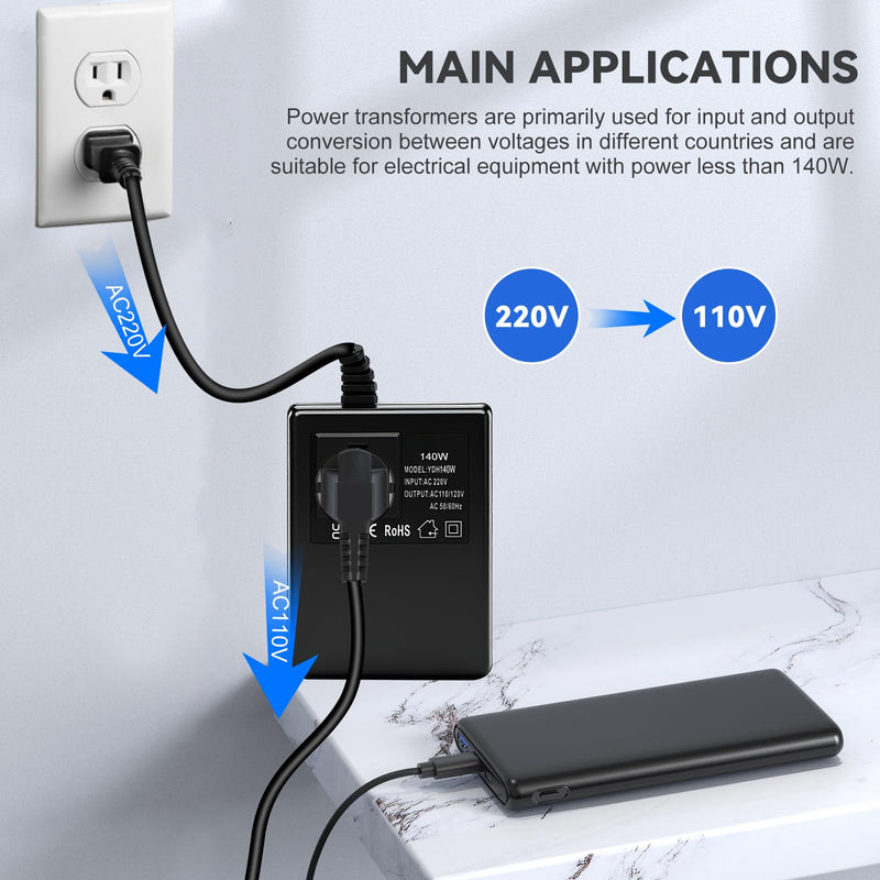 Voltage Converter Transformer 220 V to 110 V 140 W Power Adapter Down Power Converter Travel Power Adapter Transformer EU to US Voltage Converter EU Plug