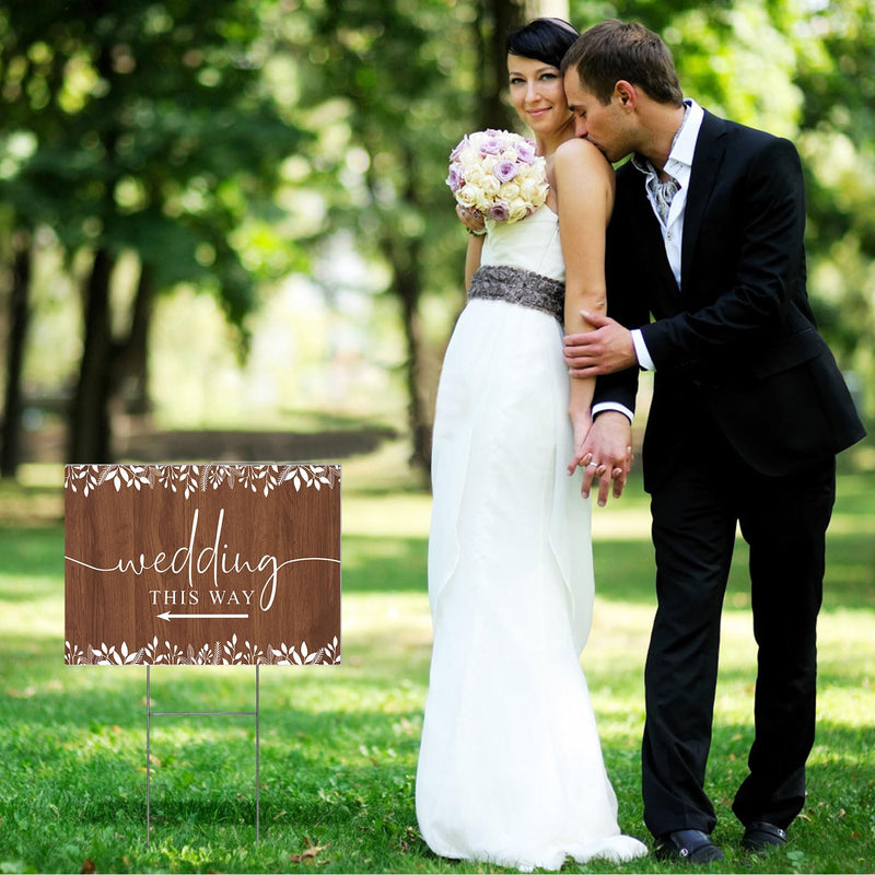 3 Pack 17''×12.5'' Wedding This Way Signs Double Sided Printed Wedding Directional Parking Sign with Stakes for Ceremony Reception Lawn Yard Arrow Signs Plastic Rainproof Party Supplies,Rustic Brown 17” x 12.5”