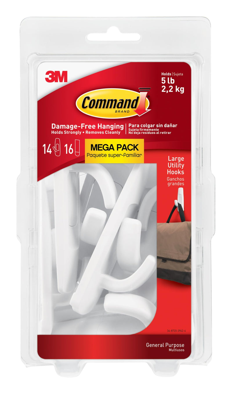 Command 5 lb Large Utility Hooks, 14 Hooks and 16 Strips, Damage-Free Hanging Wall Hook with Adhesive Strips, No Tools Required, Great for Home Kitchen Office Organization White