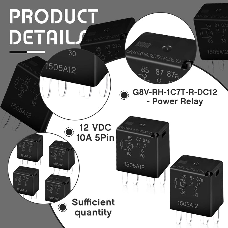 [Australia - AusPower] - Tallew 8 Pcs G8V-RH-1C7T-R-DC12 Power Relay Multi Purpose Fuel Pump Black Automotive Replacement Electrical System Electromechanical Relays, 5 Pin 