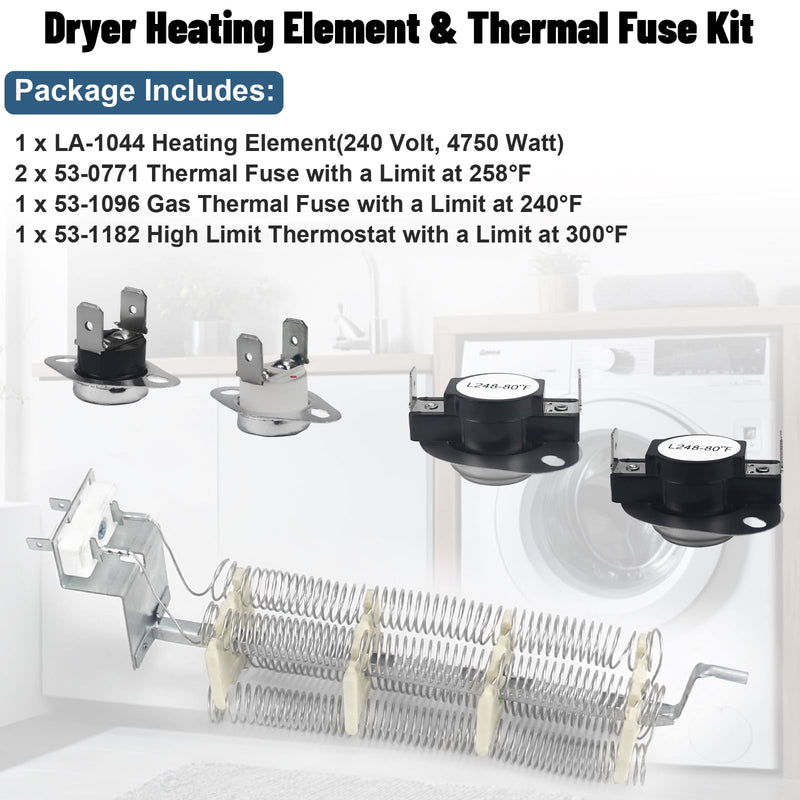 LA-1044 Dryer Heating Element and LA-1053 Dryer Thermostat Fuse Kit Compatible with Whirl-pool May-tag Dryers Replaces LA1044 AP4242494 PS2162280 PYET244AYW LNC7764A71