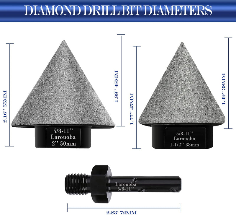 38mm 1-1/2" Dry Diamond Beveling Chamfer Bit, Countersink Drill Bit for Enlarging Trimming in Porcelain, Ceramic Tiles Hole 5/8"-11 Thread for Angle Grinders & SDS Adapter for Drills (BLACK). 38mm 1-1/2" Black