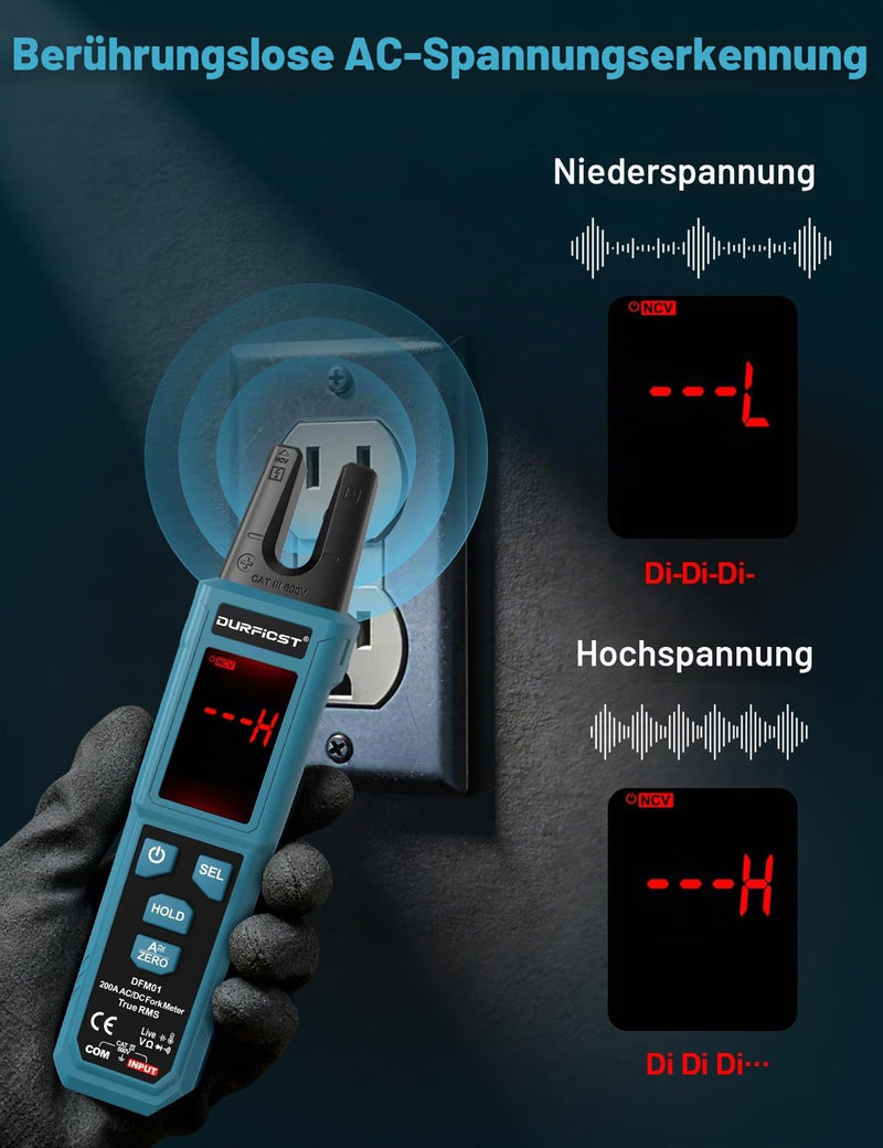 DURFICST Current Clamp TRMS 4000 Counts, Current Meter with 200 A AC/DC & 600 V | Digital clamp ammeter with NCV, capacity measurement, continuity test, temperature measurement