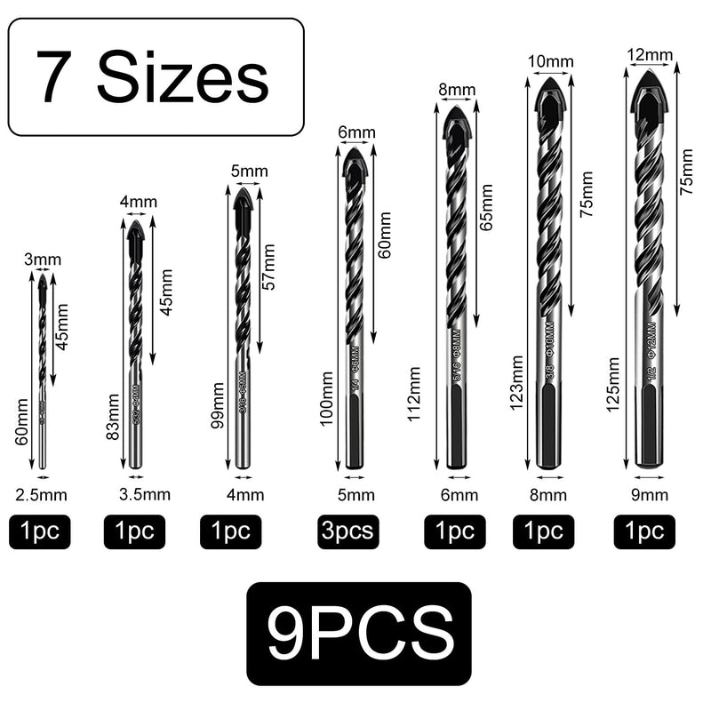 [Australia - AusPower] - 9-Piece Glass Drill Set, Professional Tile Drill Glass Drill Set (3/4/5/6/6/6/8/10/12 mm), for Various Materials, Tiles, Glass, Ceramic, Porcelain, Wood, Mirrors and Masonry 