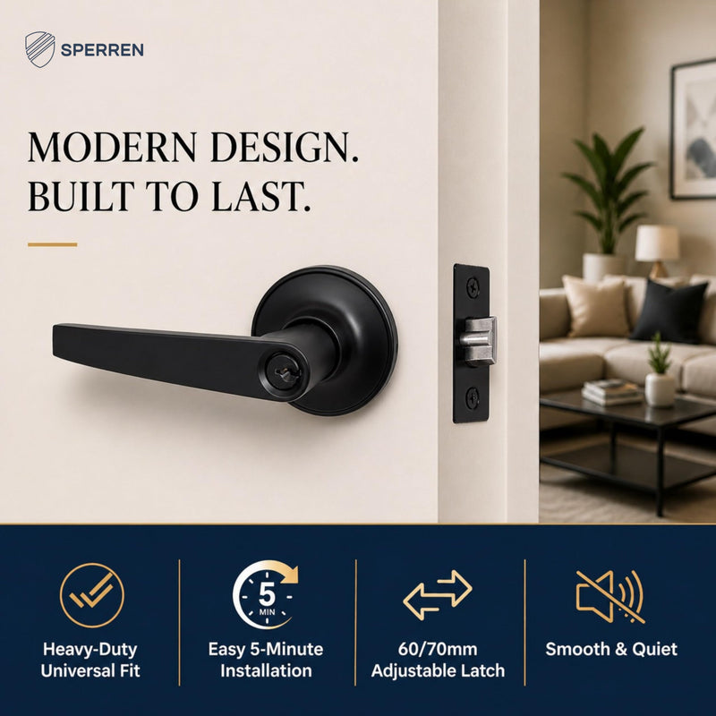Premium Lever Keyed Entry Door Lock with 3 Keys, Universal Door Knob Hardware, Entrance or Bedroom Version, Matte Black, Zinc Alloy