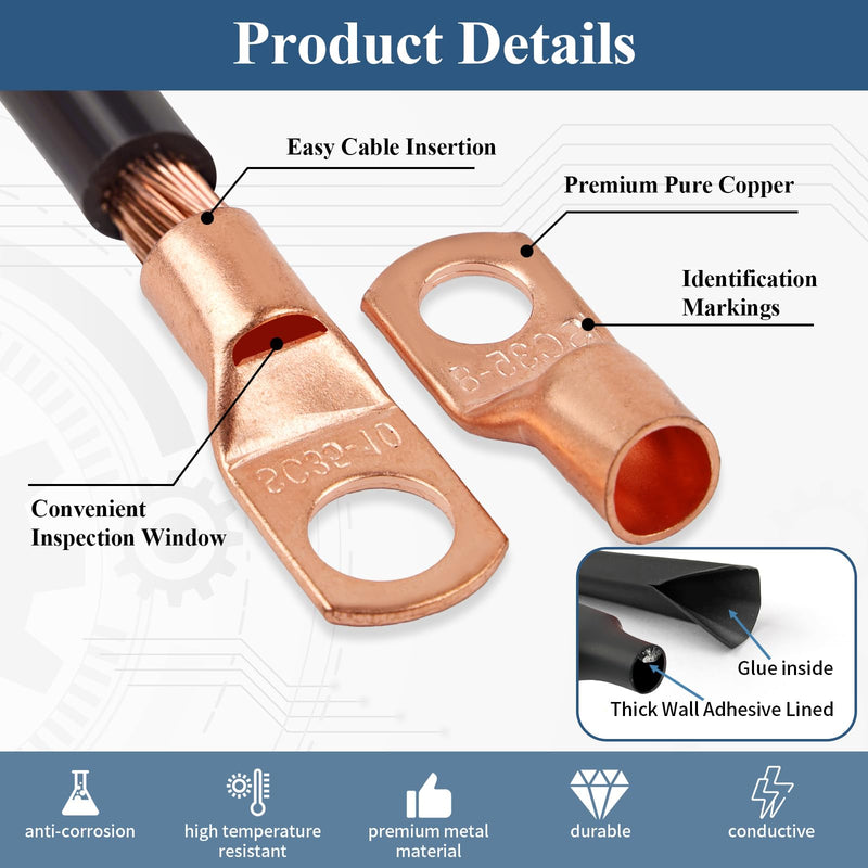 [Australia - AusPower] - PEASUG Copper Wire Lugs 130Pcs, AWG 2 4 6 8 10 12 Gauge Battery Cable Ends with 66Pcs Heat Shrink Tubing Set, 64Pcs Ring Terminals Connectors Assortment Kit for Marine, Automotive, Cables, Appliances 