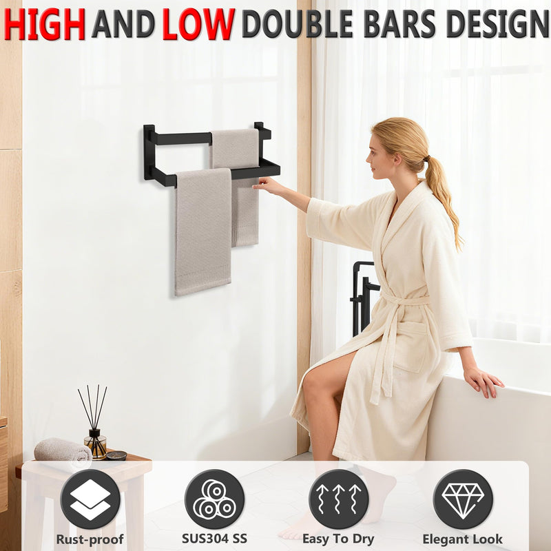 Alise 16 Inch Double Towel Bars for Bathroom Wall Mount,Bathroom Towel Holder Double Towel Racks for Bathroom Lavatory,SUS304 Stainless Steel Towel Rail Towel Hanger for Walls,Matte Black 16-Inch(2-Bars) Matte Black