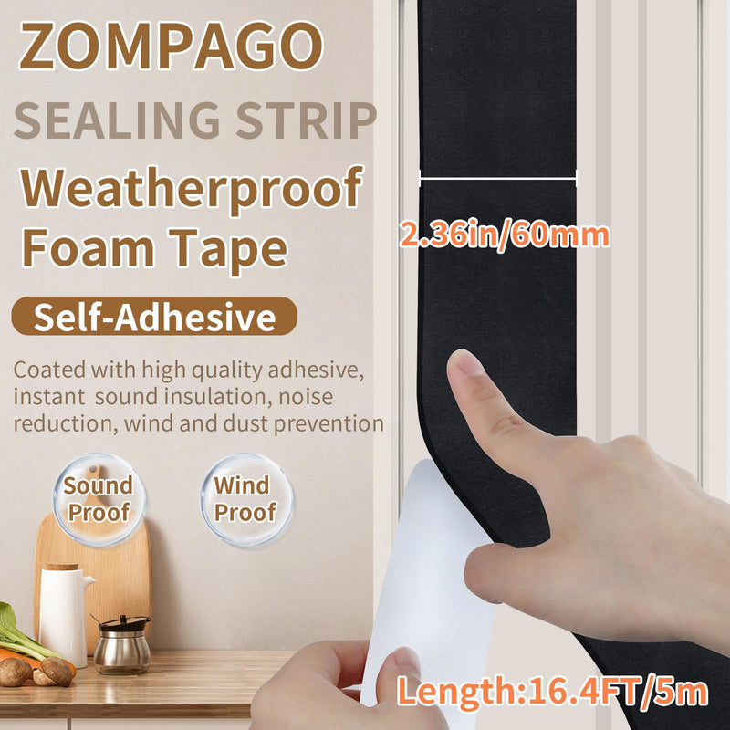 ZOMPAGO Foam Tape Weather Stripping, 2.4in x 16.4FT Black Single Sided Adhesive Rubber Seal Strip, Window Gap Filler & Door Seal Weatherstripping for Doors, Exterior Window Gasket Door Insulation