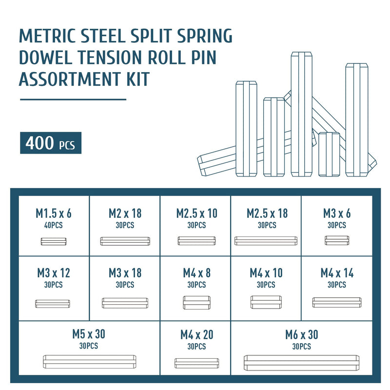 ZELCAN 400pc Roll Pin Set | M1.5 M2 M2.5 M3 M4 M5 M6 Slotted Metric Spring Pins in Various Lengths | Steel Split Expansion Pin Hardware Assortment Kit Metric Roll Pin 400