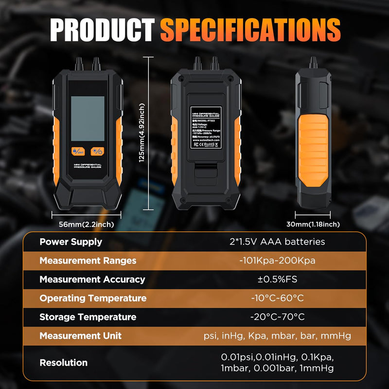 Manometer Gas Pressure Tester -101 to 200KPa Digital Manometers Dual-Port Gas Manometers HVAC with Auto Calibration, Backlight LCD Display, Data Hold Air Pressure Meter Small-PT503