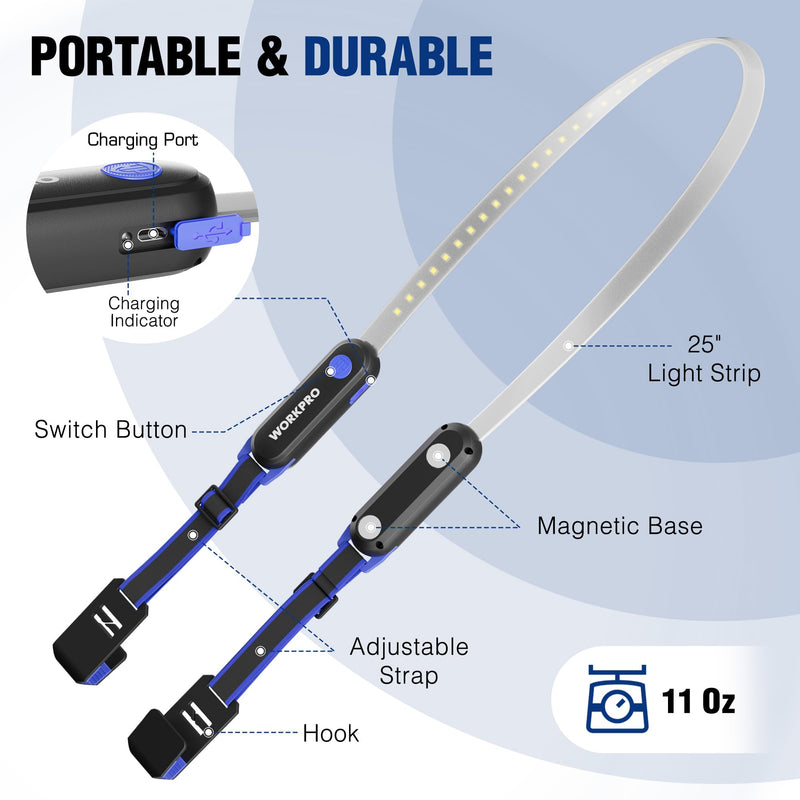 [Australia - AusPower] - WORKPRO Rechargeable Underhood Work Light, 25inch Long Foldable LED Work Light Bar, 3 Lighting Modes with Adjustable Straps and Hooks, Magnetic Light for Car Repairing/Garage/Workshop/Emergency 