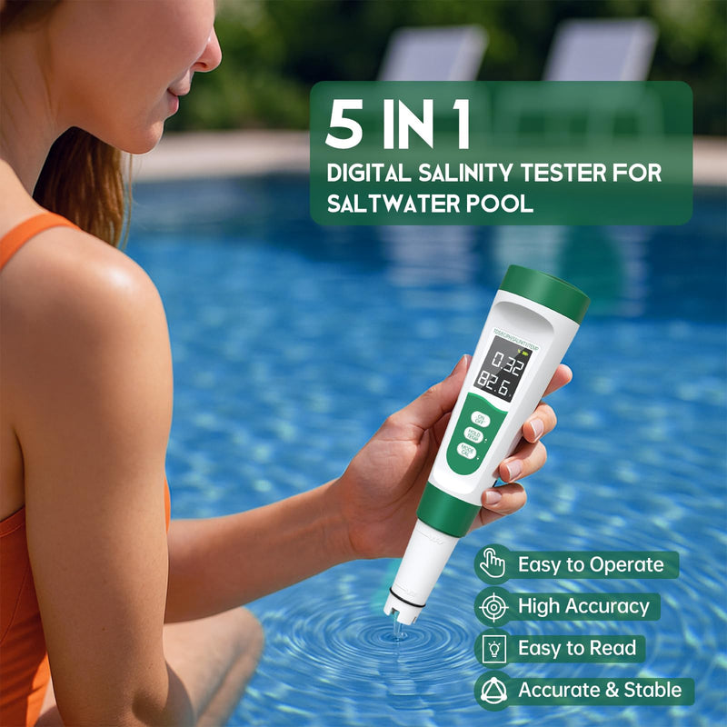 [Australia - AusPower] - Salt Tester for Saltwater Pool & pH Meter,5 in 1 Digital Water Tester for Salinity,Temp,EC,TDS Meter for Pool Salt Tester,Hot Tubs & Spas,Hydroponics,Aquarium,Accurate & Reliable,Green 5 in 1 Tester Green 