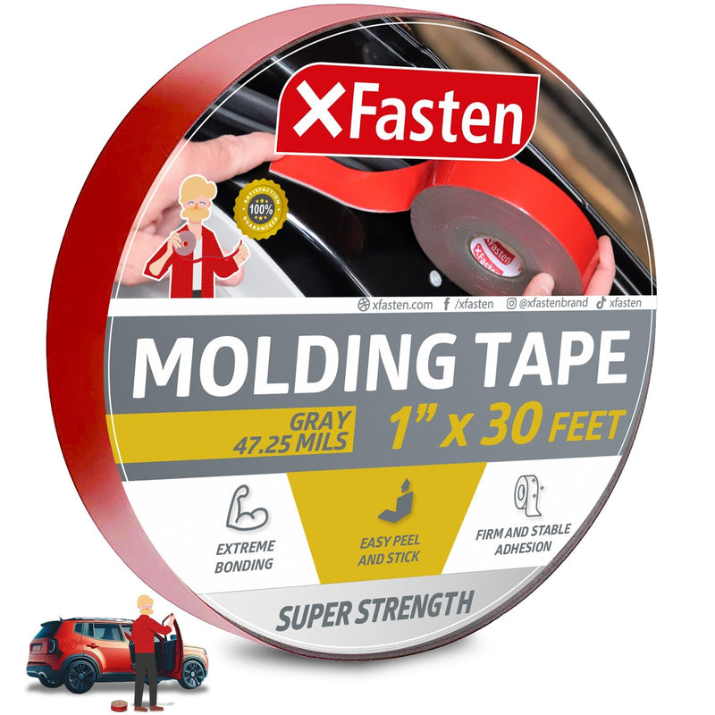 XFasten Super Strength Automotive Molding Tape, Gray, 1-Inch x 30-Foot, Double Sided Exterior Mounting Tape for Auto Body Molding, Trim, Side Mirror, Emblem, Nameplate and Outdoor Applications