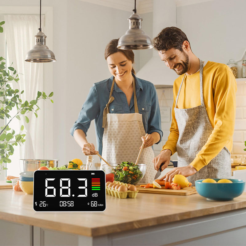 [Australia - AusPower] - 5-in-1 Decibel Meter,Digital Sound Level Meter 30-130db with LCD Display,8.5inch Noise Time Temperature Humidity Meter for Classroom, Studio, Home, Factory 
