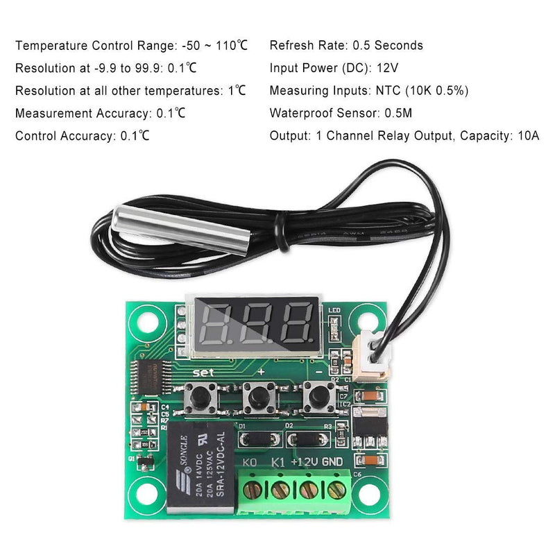 Greluma W1209 LED Digital Thermostat Controller Temperature Temp Control Switch Module Board 12 V DC -50 ~ 110 °C with Waterproof Sensor Probe (Red LED + Acrylic Housing) Pack of 2 Temperature Control Module 1-2