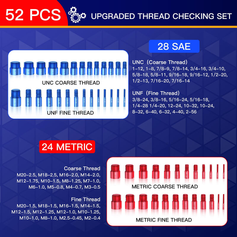 [Australia - AusPower] - Thread Checker, Bolt Size Finder, 52 PCS Nut and Bolt Thread Checker 28 Inch & 24 Metric Thread Gauge, Thread Checker Standard and Metric 