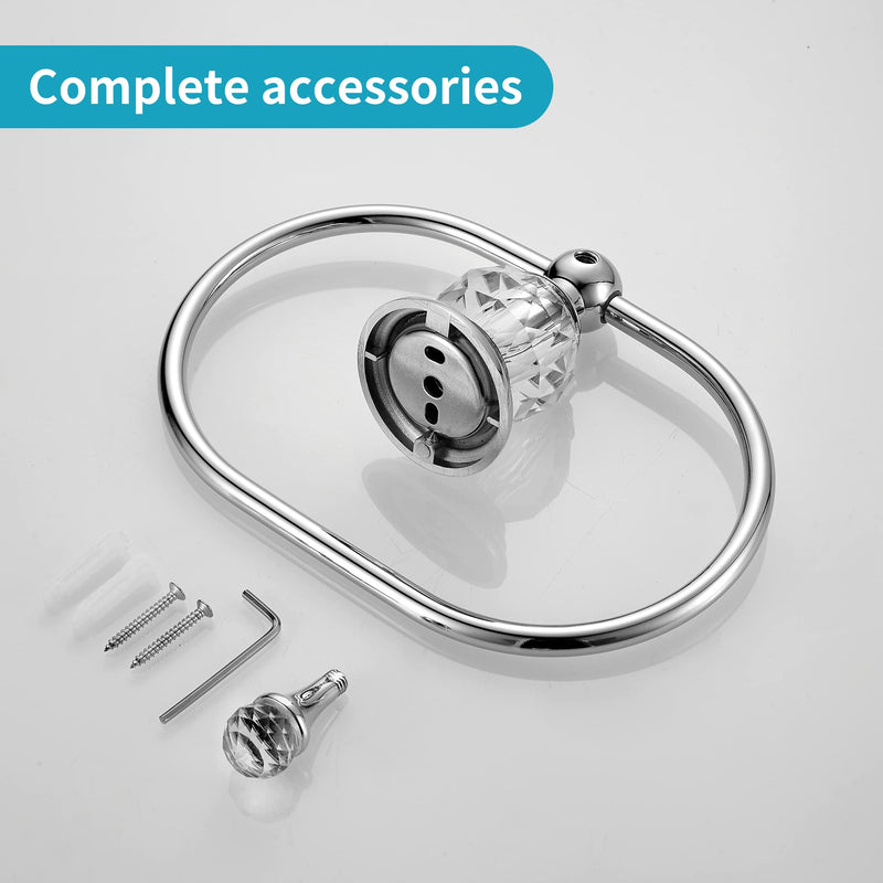 WOLIBEER Chrome Towel Ring,Crystal Hand Towel Holder,Bath Oval Hand Towel Rack Hanger Wall Mounted Bling Bathroom Accessories