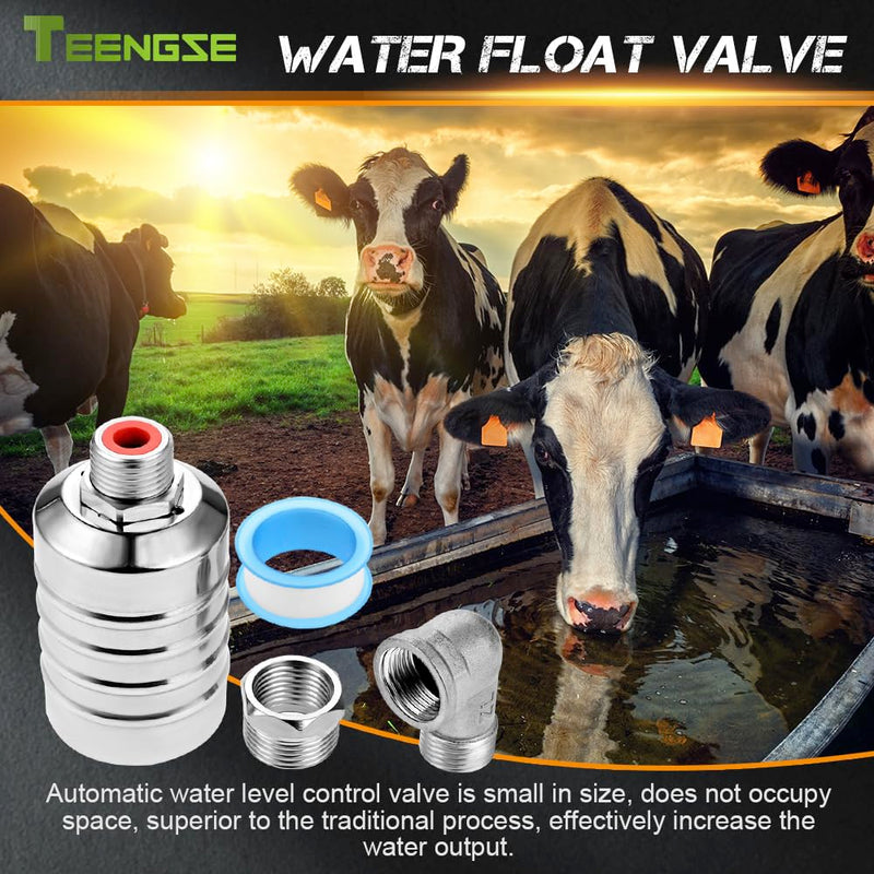 [Australia - AusPower] - 2Pcs Automatic Water Level Control Float Valve 304 Stainless Steel, 2Pcs 1/2" & 3/4" Straight/Elbow Fittings with 2 Feed Strip for Water Tanks, Pools, Livestock Troughs (0.2-10Pa, Food Grade) 